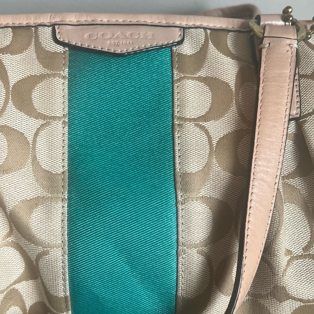 Coach Tan Signature Canvas Tote with Teal Center Stripe - Picture 16 of 16